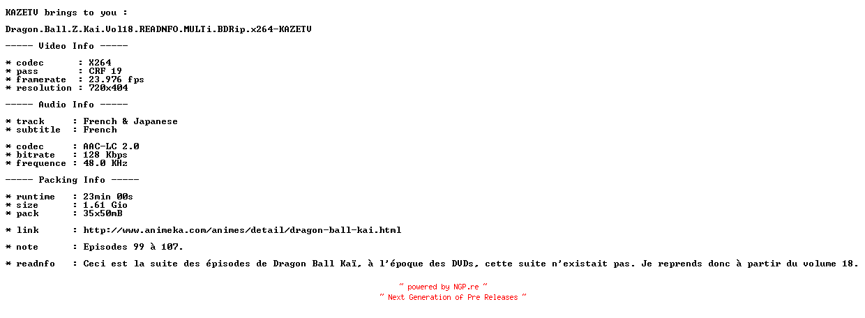 NFO for the release Dragon.Ball.Z.Kai.Vol18.READNFO.MULTi.BDRip.x264-KAZETV by KAZETV