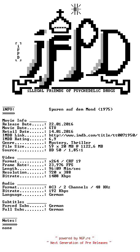 NFO for the release Spuren.auf.dem.Mond.German.1975.AC3.BDRiP.x264-iFPD by iFPD