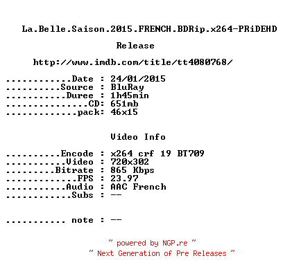 NFO for the release La.Belle.Saison.2015.FRENCH.BDRip.x264-PRiDEHD by PRiDEHD