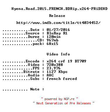 NFO for the release Hyena.Road.2015.FRENCH.BDRip.x264-PRiDEHD by PRiDEHD