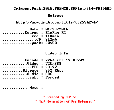 NFO for the release Crimson.Peak.2015.FRENCH.BDRip.x264-PRiDEHD by PRiDEHD