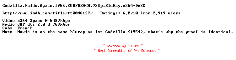 NFO for the release Godzilla.Raids.Again.1955.SUBFRENCH.720p.BluRay.x264-DuSS by DuSS