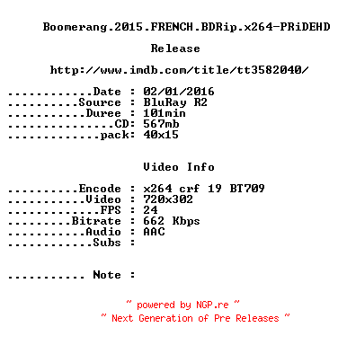 NFO for the release Boomerang.2015.FRENCH.BDRip.x264-PRiDEHD by PRiDEHD