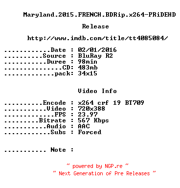 NFO for the release Maryland.2015.FRENCH.BDRip.x264-PRiDEHD by PRiDEHD