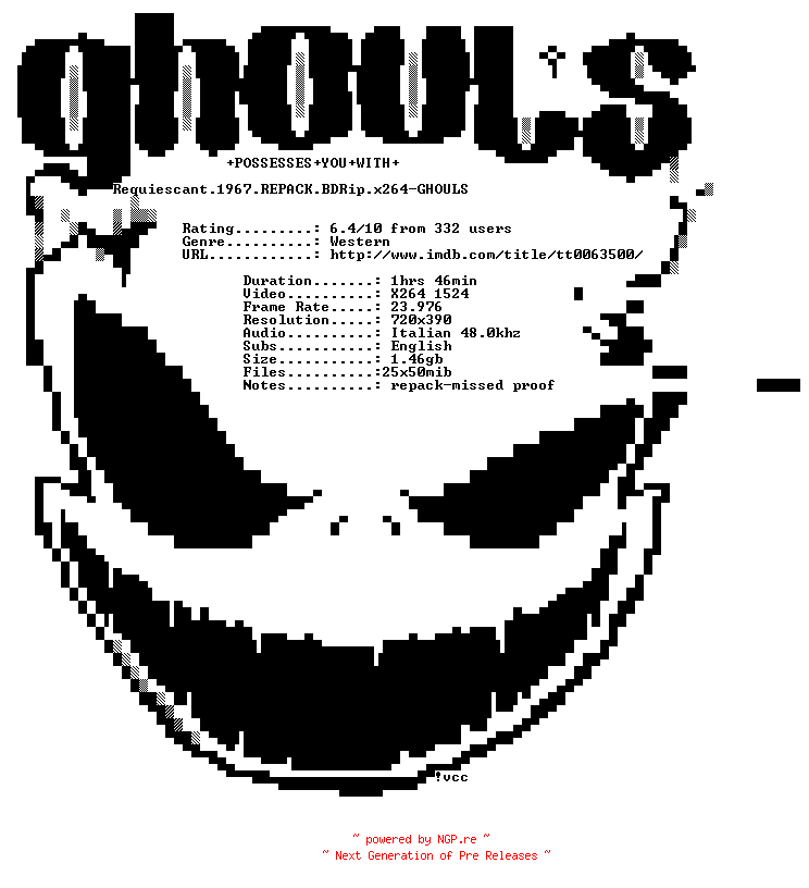 NFO for the release Requiescant.1967.REPACK.BDRip.x264-GHOULS by GHOULS