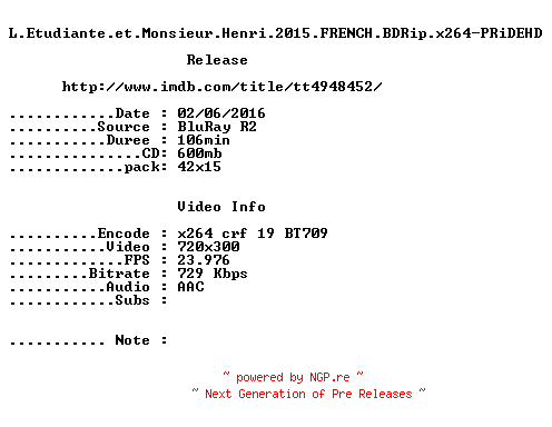 NFO for the release L.Etudiante.et.Monsieur.Henri.2015.FRENCH.BDRip.x264-PRiDEHD by PRiDEHD
