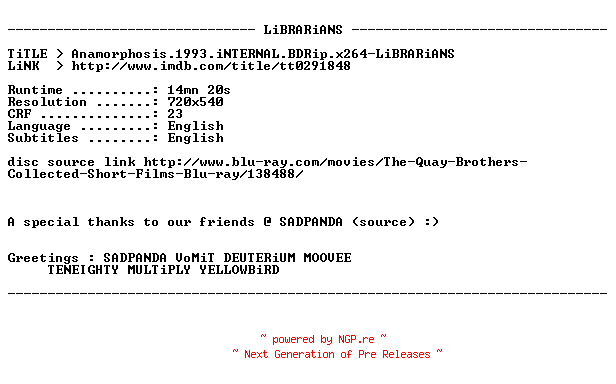 NFO for the release Anamorphosis.1993.iNTERNAL.BDRip.x264-LiBRARiANS by LiBRARiANS
