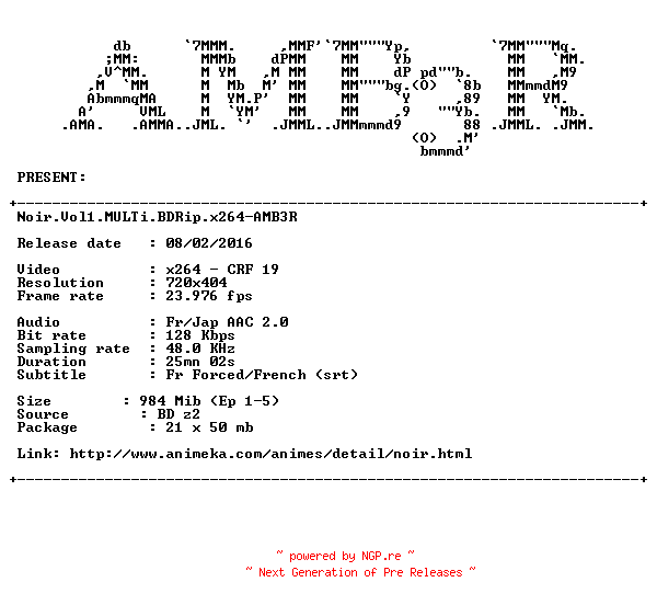 NFO for the release Noir.Vol1.MULTi.BDRip.x264-AMB3R by AMB3R