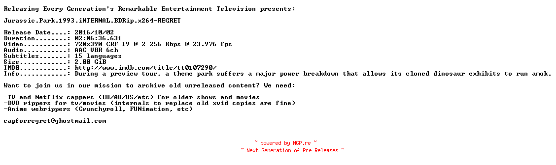 NFO for the release Jurassic.Park.1993.iNTERNAL.BDRip.x264-REGRET by REGRET