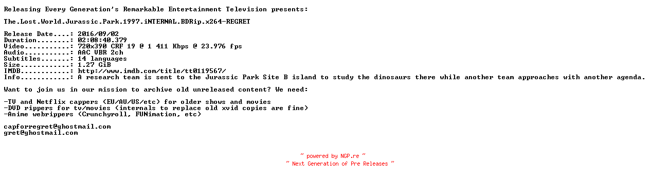 NFO for the release The.Lost.World.Jurassic.Park.1997.iNTERNAL.BDRip.x264-REGRET by REGRET