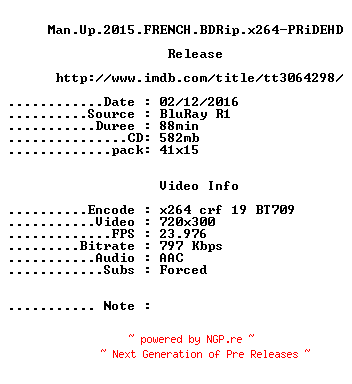 NFO for the release Man.Up.2015.FRENCH.BDRip.x264-PRiDEHD by PRiDEHD