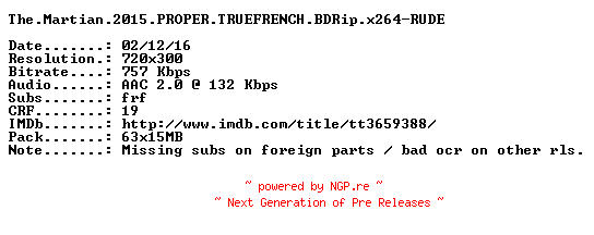 NFO for the release The.Martian.2015.PROPER.TRUEFRENCH.BDRip.x264-RUDE by RUDE