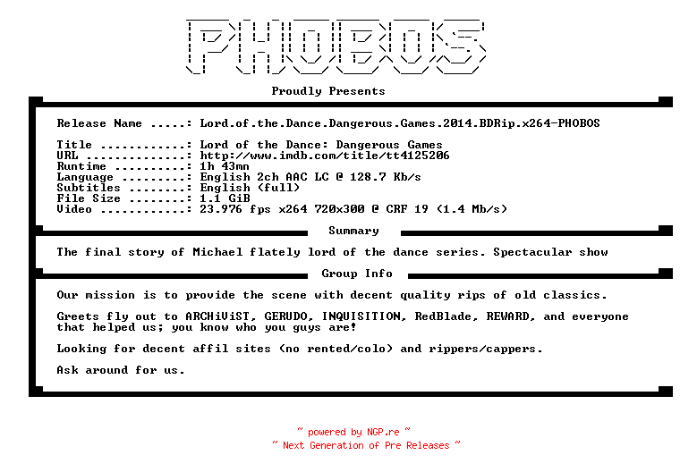 NFO for the release Lord.of.the.Dance.Dangerous.Games.2014.BDRip.x264-PHOBOS by PHOBOS