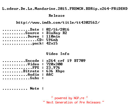 NFO for the release L.odeur.De.La.Mandarine.2015.FRENCH.BDRip.x264-PRiDEHD by PRiDEHD