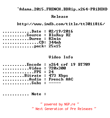 NFO for the release Adama.2015.FRENCH.BDRip.x264-PRiDEHD by PRiDEHD