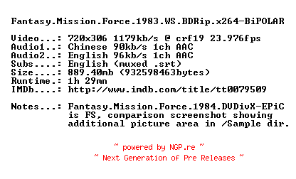 NFO for the release Fantasy.Mission.Force.1983.WS.BDRip.x264-BiPOLAR by BiPOLAR