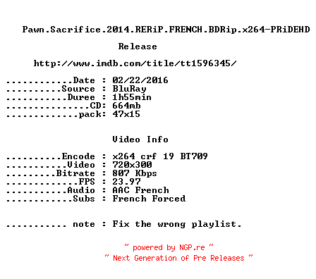 NFO for the release Pawn.Sacrifice.2014.RERiP.FRENCH.BDRip.x264-PRiDEHD by PRiDEHD