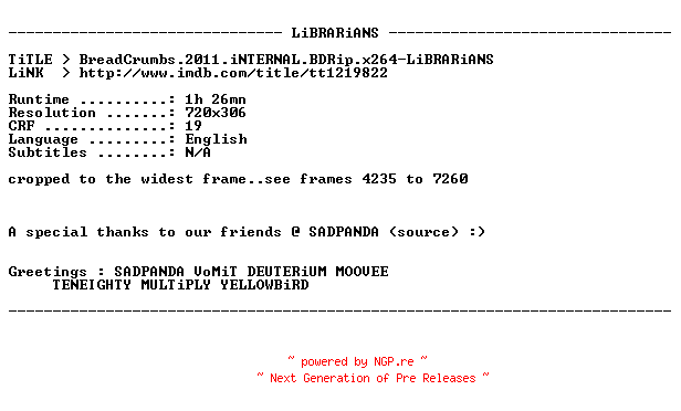 NFO for the release BreadCrumbs.2011.iNTERNAL.BDRip.x264-LiBRARiANS by LiBRARiANS