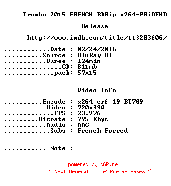 NFO for the release Trumbo.2015.FRENCH.BDRip.x264-PRiDEHD by PRiDEHD