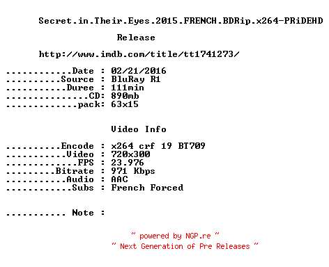 NFO for the release Secret.in.Their.Eyes.2015.FRENCH.BDRip.x264-PRiDEHD by PRiDEHD