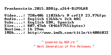 NFO for the release Frankenstein.2015.BDRip.x264-BiPOLAR by BiPOLAR