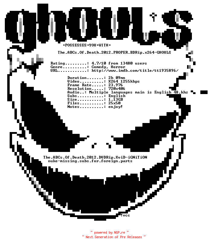 NFO for the release The.ABCs.Of.Death.2012.PROPER.BDRip.x264-GHOULS by GHOULS