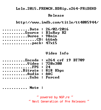 NFO for the release Lolo.2015.FRENCH.BDRip.x264-PRiDEHD by PRiDEHD