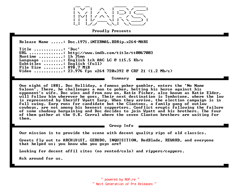 NFO for the release Doc.1971.iNTERNAL.BDRip.x264-MARS by MARS