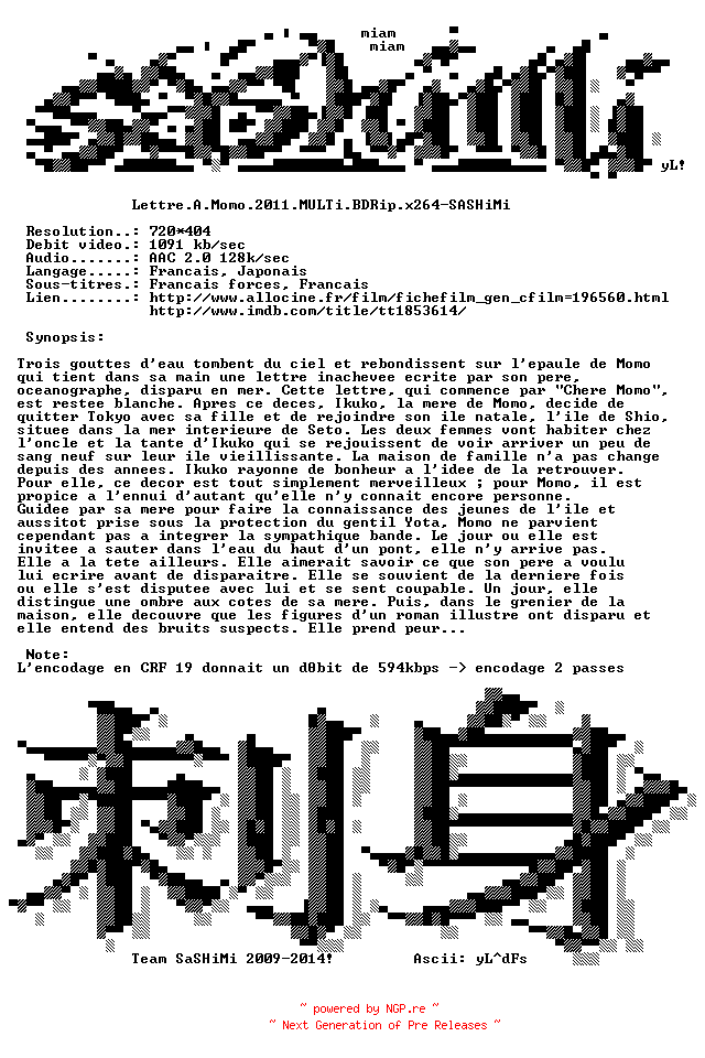 NFO for the release Lettre.A.Momo.2011.MULTi.BDRip.x264-SASHiMi by SASHiMi