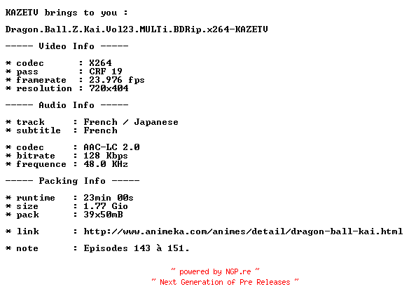 NFO for the release Dragon.Ball.Z.Kai.Vol23.MULTi.BDRip.x264-KAZETV by KAZETV