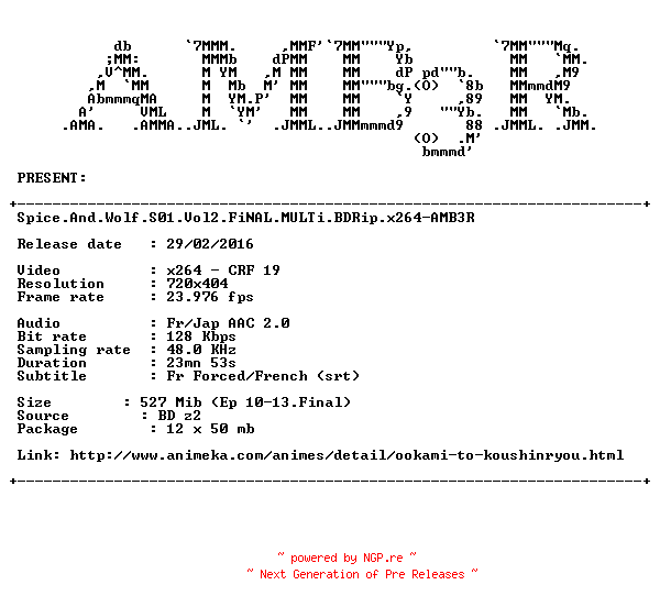 NFO for the release Spice.And.Wolf.S01.Vol2.FiNAL.MULTi.BDRip.x264-AMB3R by AMB3R