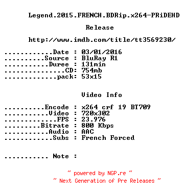 NFO for the release Legend.2015.FRENCH.BDRip.x264-PRiDEHD by PRiDEHD