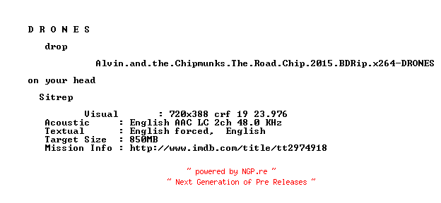 NFO for the release Alvin.and.the.Chipmunks.The.Road.Chip.2015.BDRip.x264-DRONES by DRONES
