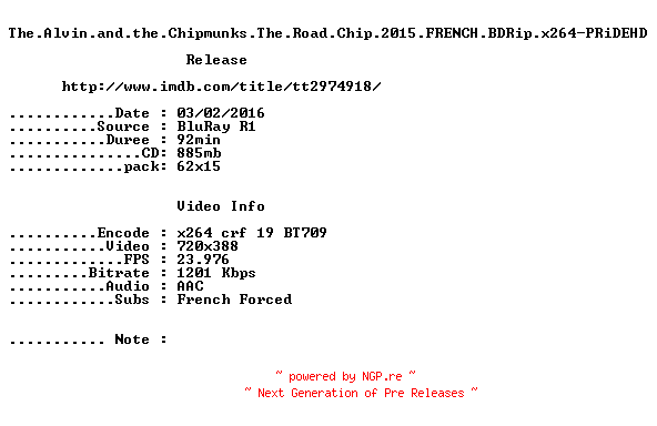 NFO for the release The.Alvin.and.the.Chipmunks.The.Road.Chip.2015.FRENCH.BDRip.x264-PRiDEHD by PRiDEHD