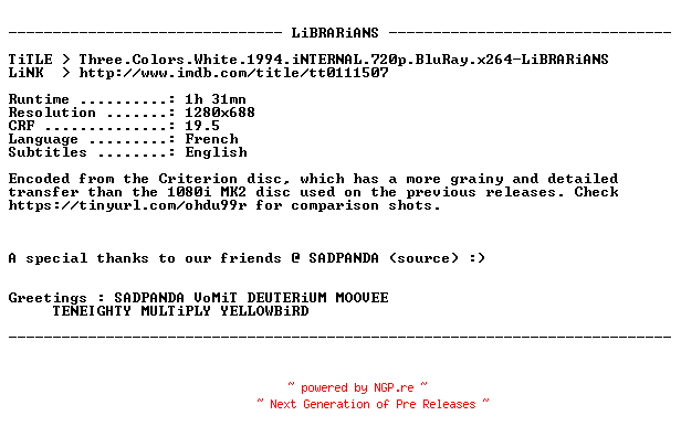 NFO for the release Three.Colors.White.1994.iNTERNAL.720p.BluRay.x264-LiBRARiANS by LiBRARiANS