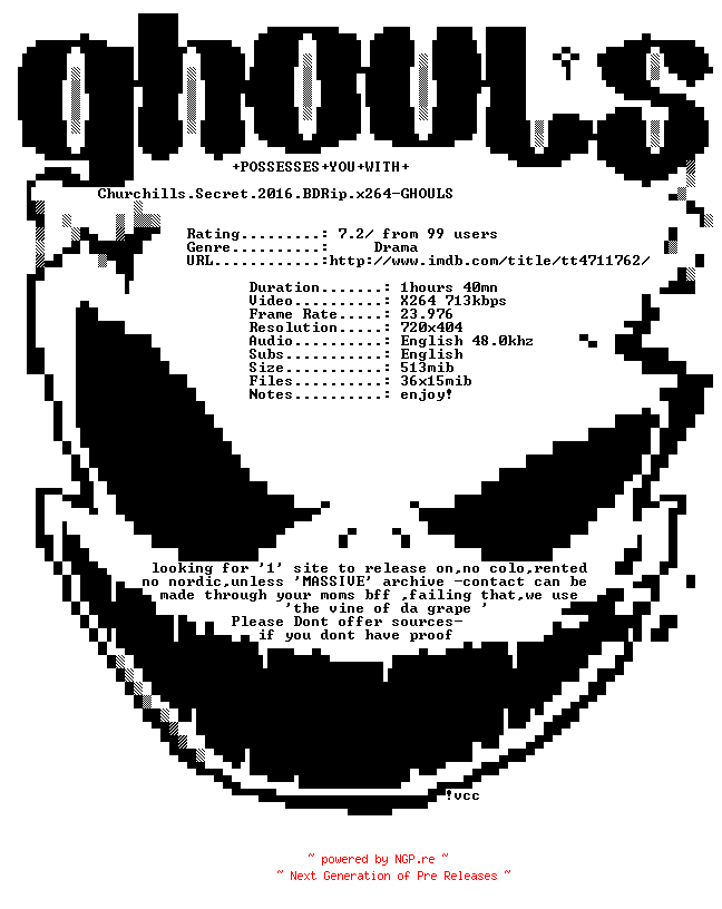 NFO for the release Churchills.Secret.2016.BDRip.x264-GHOULS by GHOULS