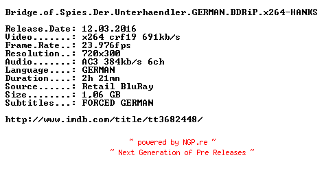 NFO for the release Bridge.of.Spies.Der.Unterhaendler.GERMAN.BDRiP.x264-HANKS by HANKS