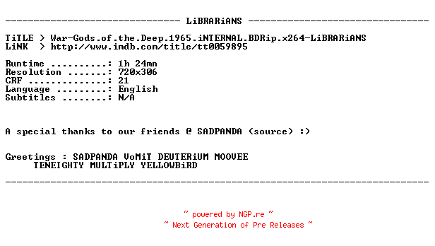 NFO for the release War-Gods.of.the.Deep.1965.iNTERNAL.BDRip.x264-LiBRARiANS by LiBRARiANS