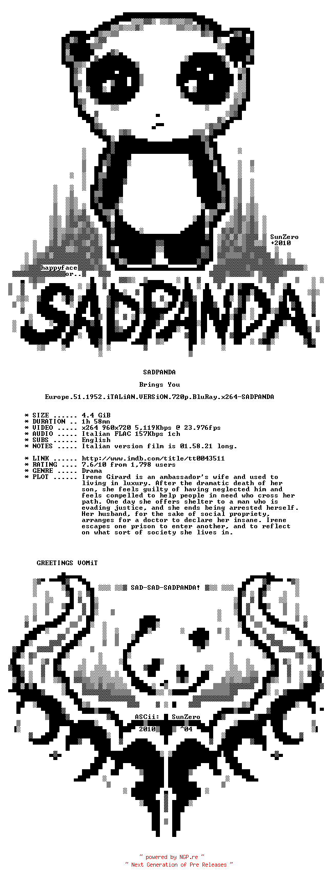 NFO for the release Europe.51.1952.iTALiAN.VERSiON.720p.BluRay.x264-SADPANDA by SADPANDA