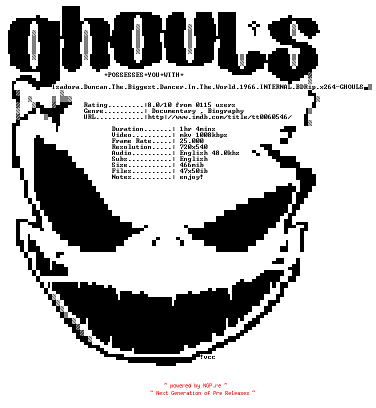NFO for the release Isadora.Duncan.The.Biggest.Dancer.In.The.World.1966.INTERNAL.BDRip.x264-GHOULS by GHOULS