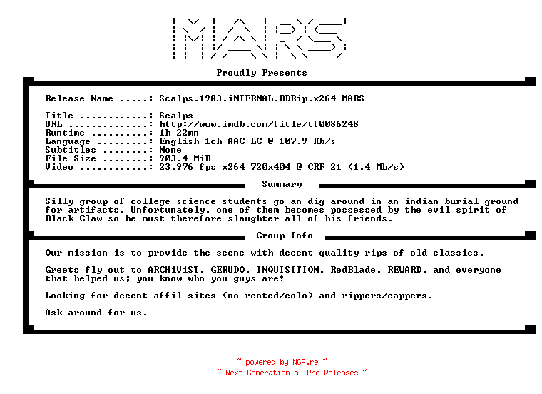 NFO for the release Scalps.1983.iNTERNAL.BDRip.x264-MARS by MARS