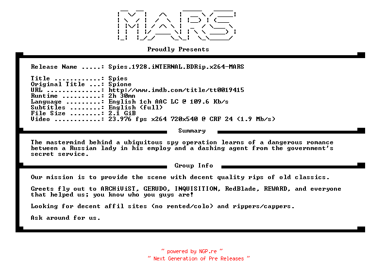 NFO for the release Spies.1928.iNTERNAL.BDRip.x264-MARS by MARS