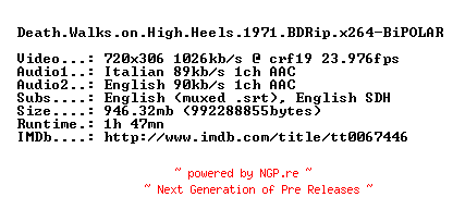 NFO for the release Death.Walks.on.High.Heels.1971.BDRip.x264-BiPOLAR by BiPOLAR