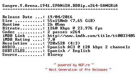 NFO for the release Sangre.Y.Arena.1941.SPANiSH.BDRip.x264-SANGRiA by SANGRiA