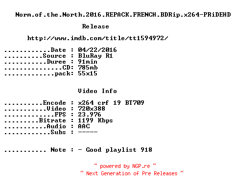 NFO for the release Norm.of.the.North.2016.REPACK.FRENCH.BDRip.x264-PRiDEHD by PRiDEHD