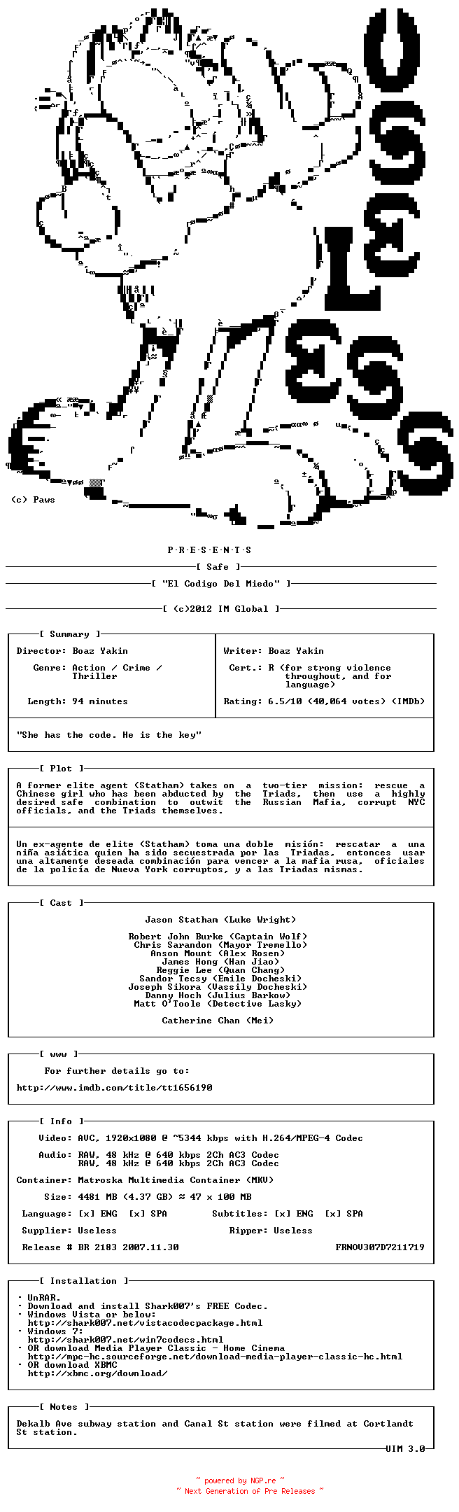 NFO for the release Safe.BDRip.x264.2012-USL by USL