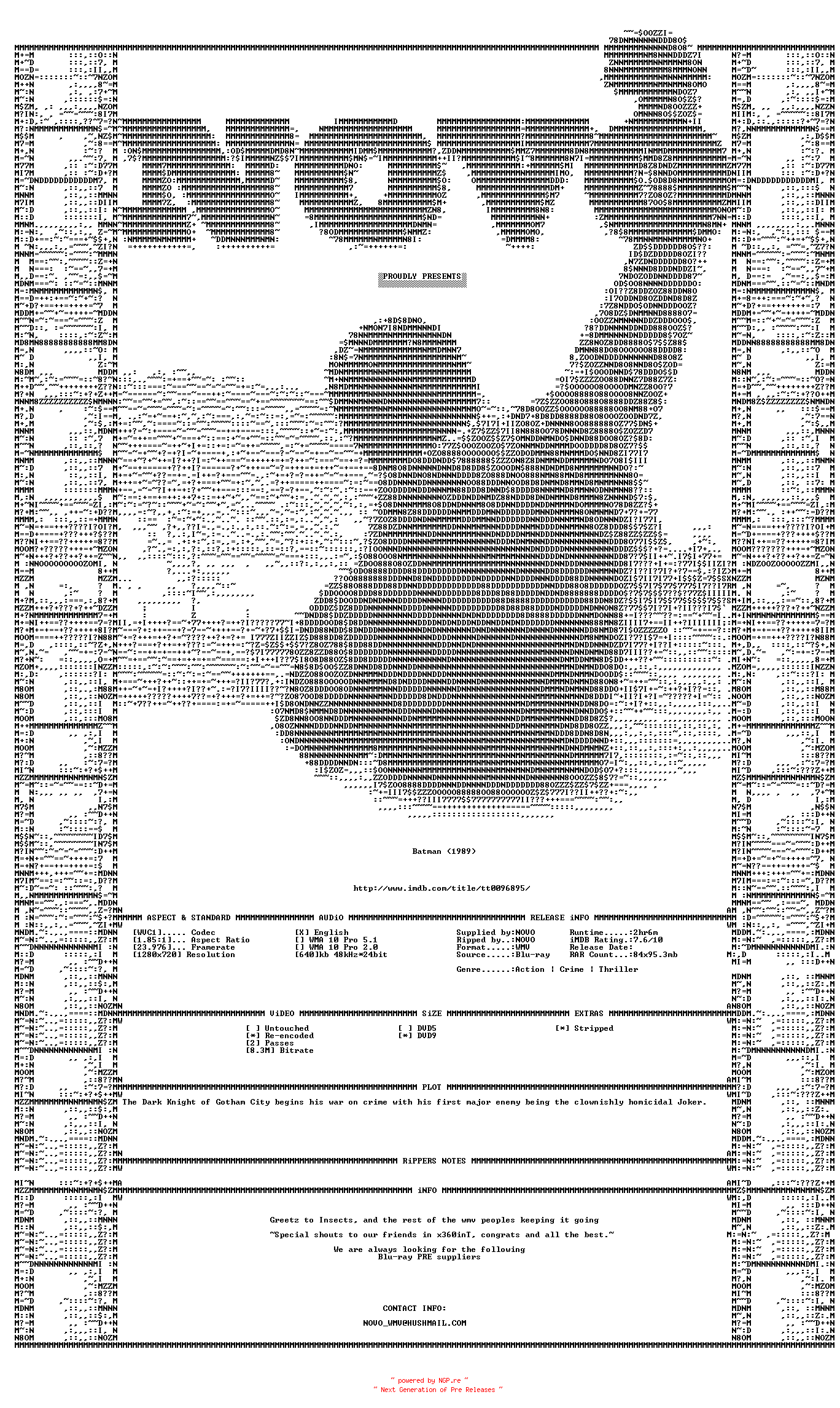 NFO for the release Batman.1989.Bluray.VC1.720P.5.1.WMV-NOVO by NOVO