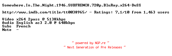 NFO for the release Somewhere.In.The.Night.1946.SUBFRENCH.720p.BluRay.x264-DuSS by DuSS