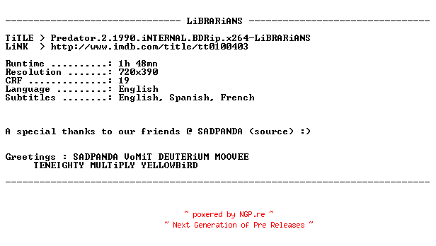 NFO for the release Predator.2.1990.iNTERNAL.BDRip.x264-LiBRARiANS by LiBRARiANS