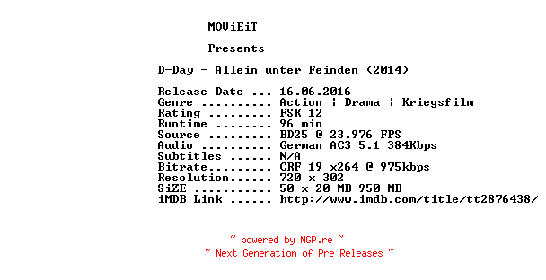 NFO for the release D.Day.Allein.unter.Feinden.German.2014.AC3.BDRip.x264-MOViEiT by MOViEiT